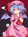  1girl ascot bat_wings blood blood_in_mouth blue_hair glass gradient_hair looking_at_viewer mob_cap multicolored_hair remilia_scarlet short_hair solo touhou uguisu_mochi_(ykss35) violet_eyes wind wings wrist_cuffs 