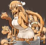  1girl apron bottle bottle_opener breasts brown_hair chopsticks commentary cooking cooking_pot dark_skin egg food goo_girl headband highres in_container in_food large_breasts long_hair monster_girl naked_apron oden open_mouth orange_eyes original pointy_ears sideboob simple_background solo steam tamatama_(nekokalpis) tentacle_hair very_long_hair 