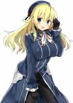  1girl 501092-taka :d atago_(kantai_collection) beret black_gloves black_legwear blonde_hair blue_eyes blush breasts cowboy_shot frilled_sleeves frills gloves hand_on_thigh hat kantai_collection large_breasts leaning_forward long_hair long_sleeves looking_at_viewer military military_uniform open_mouth pantyhose showgirl_skirt simple_background smile solo uniform white_background 