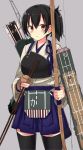  1girl 501092-taka arrow bow_(weapon) brown_hair flight_deck grey_background hakama_skirt holding kaga_(kantai_collection) kantai_collection looking_at_viewer muneate quiver side_ponytail simple_background sketch solo standing tasuki thigh-highs weapon zettai_ryouiki 