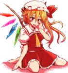  1girl :d ascot barefoot blonde_hair blush blush_stickers breasts flandre_scarlet hand_on_own_cheek looking_at_viewer mob_cap open_mouth side_ponytail sitting skirt skirt_set smile solo tanakara touhou vest wariza wings 