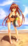  1girl ball beach beachball bikini candy gundam00uc highres jewelry lollipop long_hair pendant red_eyes redhead shakugan_no_shana shana swimsuit 