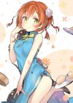  1girl blush china_dress chinese_clothes cozyquilt green_eyes hair_ornament hoshizora_rin leg_up looking_at_viewer love_live!_school_idol_project orange_hair phone short_hair side_slit sketch sleeveless smile solo 