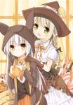  2girls :d bow braid brown_eyes brown_gloves elbow_gloves gloves green_eyes hair_bow hair_ribbon halloween hands_on_another&#039;s_shoulders hat jack-o&#039;-lantern light_brown_hair long_hair looking_at_viewer multiple_girls open_mouth original pocky ribbon single_braid smile white_hair witch_hat yuuhagi_(amaretto-no-natsu) 