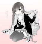  1boy bracelet dress garter_straps hair_ornament jewelry long_hair looking_at_viewer monochrome mouth_hold original pink_background poncho sakiyo_cake smile squatting thighhighs translation_request trap 
