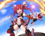  1girl :o black_legwear boots covered_navel elbow_gloves fire gloves knee_boots leotard long_hair mecha_musume ore_twintail_ni_narimasu rando_seru red_eyes redhead solo sword tail_red thigh-highs twintails weapon 