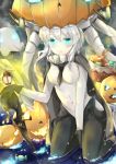  1girl aqua_eyes basket between_legs black_gloves bodysuit breasts cane covered_navel enemy_aircraft_(kantai_collection) gloves glowing glowing_eyes halloween hand_between_legs headgear highres jack-o&#039;-lantern kantai_collection kneeling lantern long_hair pale_skin shinkaisei-kan short_hair silver_hair solo staff tailam tentacles wo-class_aircraft_carrier 