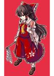  &gt;:d 1girl :d ascot bobby_socks bow brown_hair detached_sleeves frilled_shirt_collar gohei hair_bow hair_tubes hakurei_reimu highres loafers long_hair long_skirt looking_at_viewer ofuda open_mouth red_eyes shoes skirt skirt_set smile smug socks solo tanakara touhou wide_sleeves 