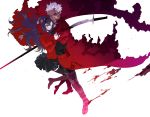  1boy 1girl archer blood blood_on_face bloody_weapon dark_skin fate/stay_night fate_(series) highres impaled npn sword tohsaka_rin toosaka_rin weapon white_hair 