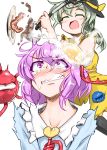  /\/\/\ 2girls :d ^_^ angry bacon blush breakfast clenched_teeth closed_eyes coffee constricted_pupils egg food food_on_head green_hair komeiji_koishi komeiji_satori multiple_girls narrowed_eyes object_on_head open_mouth pandain purple_hair rage_face siblings sisters smile spatula spilling sunny_side_up_egg tears third_eye touhou trembling violet_eyes 