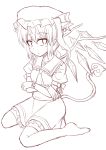  1girl collarbone collared_shirt crossed_arms demon_tail flandre_scarlet frilled_shirt_collar highres laevatein looking_at_viewer mob_cap monochrome pointy_ears seiza side_ponytail sitting sketch skirt solo tail tanakara thigh-highs touhou wings wrist_cuffs |_| 