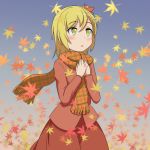  1girl aki_shizuha autumn_leaves blonde_hair blue_background cato_(monocatienus) gradient gradient_background hair_ornament leaf_hair_ornament looking_up open_mouth scarf solo touhou unmoving_pattern yellow_eyes 
