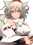  1girl animal_ears bare_shoulders breasts detached_sleeves hat highres inubashiri_momiji looking_at_viewer midriff mihatarou pom_pom_(clothes) red_eyes short_hair silver_hair solo sword tail tokin_hat touhou weapon wolf_ears wolf_tail 