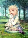  1girl animal_ears blonde_hair dress fang faux_traditional_media flower grass holding hug long_hair open_mouth original outdoors pantyhose rabbit red_eyes rhodomina sitting tree whiskers 