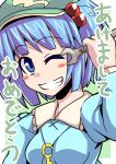  1girl blue_eyes blue_hair blush blush_stickers bust cabbie_hat collared_shirt grin hair_bobbles hair_ornament happy hat juliet_sleeves kawashiro_nitori key long_sleeves one_eye_closed puffy_sleeves short_hair smile solo tanakara touhou two_side_up wrench 