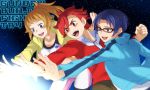  1girl 2boys :d @@@ bike_shorts blue_eyes blue_hair brown_hair glasses gundam gundam_build_fighters gundam_build_fighters_try hoshino_fumina kamiki_sekai kousaka_yuuma midriff multiple_boys open_mouth ponytail red_eyes redhead scrunchie smile sports_bra track_jacket 