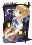  1girl ahoge blonde_hair casual fate/stay_night fate_(series) green_eyes halloween highres jack-o&#039;-lantern kneeling luo. saber smile solo 