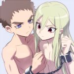  2boys afuro_terumi androgynous blonde_hair blue_eyes brown_hair chain cuffs demete_yutaka inazuma_eleven inazuma_eleven_(series) long_hair male multiple_boys red_eyes shackles shirtless short_hair 