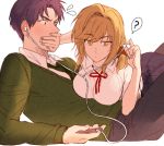 1boy 1girl ? blonde_hair blue_eyes blush covering_mouth digital_media_player earphones flying_sweatdrops gekkan_shoujo_nozaki-kun hand_over_another&#039;s_mouth hetero ipod kanapy purple_hair seo_yuzuki wakamatsu_hirotaka yellow_eyes