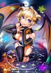  1girl :p asymmetrical_legwear bare_shoulders black_legwear blonde_hair boots breasts city_lights cleavage clouds demon_girl demon_tail demon_wings detached_sleeves facial_mark fingers_to_mouth full_moon garter_straps halloween hand_on_own_face horns looking_at_viewer matsurika_youko moon original purple_nails short_hair sky solo star star_(sky) star_print starry_sky tail thigh-highs tongue tongue_out violet_eyes wings 