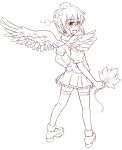  &gt;:d 1girl :d absurdres bird_wings blush feather_fan hand_on_hip hat highres kneepits looking_at_viewer looking_back miniskirt monochrome open_mouth pointy_ears pom_pom_(clothes) shameimaru_aya short_hair sketch skirt smile solo tanakara thigh-highs tokin_hat touhou wings 