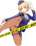  blonde_hair caution_tape character_request cuffs earrings gloves handcuffs hat jewelry kicking necktie pantyhose police police_hat police_uniform shohe skirt torn_clothes torn_shirt uniform yellow_eyes 