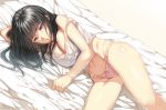  1girl black_hair breasts cleavage dutch_angle hews_hack large_breasts long_hair looking_at_viewer lying navel no_pants on_side original panties pink_panties smile solo strap_slip tank_top underwear violet_eyes 