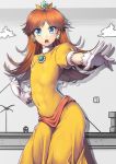  1girl blue_eyes breasts brown_hair covered_navel crown dress earrings flat_chest gloves jewelry long_hair looking_at_viewer super_mario_bros. nagase_haruhito open_mouth outstretched_arm outstretched_hand princess_daisy puffy_short_sleeves puffy_sleeves short_sleeves skin_tight super_mario_bros. super_mario_land tiara white_gloves yellow_dress 