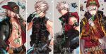  4boys aiguillette darkcat_(roby89) dungeon_and_fighter flower gloves green_eyes grey_background gun hat jacket jacket_on_shoulders jewelry male military multiple_boys necklace petals shirtless sleeveless sleeveless_shirt smile tattoo weapon white_hair 