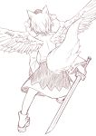  1girl animal_ears ankle_boots bird_wings boots fake_wings from_behind hat highres inubashiri_momiji katana monochrome pom_pom_(clothes) short_hair sketch skirt solo sword tail tanakara tokin_hat touhou weapon wings wolf_ears wolf_tail 