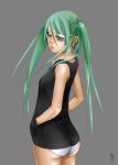  1girl ass bespectacled from_behind glasses green_eyes green_hair grey_background hands_in_pockets hatsune_miku highres kamitani_takahiro lips long_hair looking_back no_pants nose panties sleeveless small_breasts solo twintails underwear vest vocaloid 