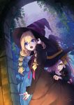  2girls 778-go blonde_hair blue_eyes bow dutch_angle fingernails green_eyes hair_bow hair_over_one_eye hand_on_headwear hat highres long_hair low_twintails multiple_girls nail_polish number open_mouth original pink_hair ribbon sweatdrop tree twintails witch witch_hat 