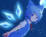  1girl blue_dress blue_eyes blue_hair bow cirno dress full_moon hair_bow ice ice_wings looking_at_viewer moon negishio night puffy_short_sleeves puffy_sleeves shirt short_sleeves sky smile solo star_(sky) starry_sky touhou wings 