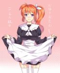  1girl alternate_costume apron blush breasts brown_hair curtsey dress enmaided garter_straps large_breasts long_hair long_sleeves lyrical_nanoha mahou_shoujo_lyrical_nanoha_strikers maid side_ponytail smile solo takamachi_nanoha thigh-highs translation_request violet_eyes white_legwear worldless 