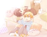  2boys black_eyes black_hair blonde_hair cat couch eugeo game_console green_eyes kirito lying multiple_boys nyame pillow playing_games rabbit short_hair stuffed_toy sword_art_online 