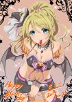 1girl ayase_eli bare_shoulders bat_wings belt blonde_hair blue_eyes breasts candy character_name clearite cowboy_shot dated detached_collar garter_straps halloween happy_birthday hat highres looking_at_viewer love_live!_school_idol_project mini_hat mouth_hold navel pencil_skirt ponytail skirt solo sparkle v_arms wings witch_hat wrist_cuffs 