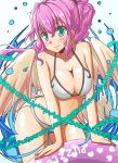  1girl 5ugar angel angel_wings archangel_metatron_(p&amp;d) bikini blue_eyes blush breasts cleavage collarbone earrings feathered_wings heart highres innertube jewelry large_breasts leaning leaning_forward long_hair pink_hair ponytail puzzle_&amp;_dragons smile solo swimsuit white_bikini white_swimsuit wings 