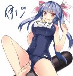  1girl 501092-taka :d bare_legs bare_shoulders barefoot blue_hair blush breasts covered_navel famg hair_ornament hair_ribbon i-19_(kantai_collection) kantai_collection large_breasts looking_at_viewer name_tag open_mouth red_eyes ribbon school_uniform simple_background smile solo star star-shaped_pupils symbol-shaped_pupils torpedo triple-tails white_background 