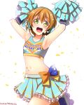  :d armpits arms_up blush cheerleader cowboy_shot crop_top dated flat_chest green_eyes headset highres hoshizora_rin leg_up looking_at_viewer love_live!_school_idol_project midriff open_mouth orange_hair petals pom_poms roller_skates short_hair skates skirt smile takaramonozu white_background yu-ta 