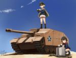  2girls artist_name blonde_hair blue_sky blush boots brown_eyes brown_hair caesar_(girls_und_panzer) canteen caterpillar_tracks clouds dated erwin_(girls_und_panzer) girls_und_panzer goggles hat highres jacket jacket_on_shoulders kanokoga long_sleeves military military_vehicle multiple_girls peaked_cap pleated_skirt red_scarf scarf short_hair skirt sky squatting tank tank_destroyer vehicle 