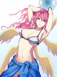  1girl alternate_costume archangel_metatron_(p&amp;d) armpits ball beachball bikini_top blue_eyes breasts earrings highres jewelry kumiko_(aleron) long_hair looking_at_viewer multiple_wings pink_hair puzzle_&amp;_dragons solo wings 