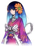  1girl aqua_eyes bangs blue_hair blunt_bangs bow chiyo_(fragile) flower fragile hair_flower hair_ornament highres japanese_clothes kekekeke kimono long_hair obi sash smile solo 