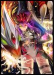  1girl armor border dragon dragon_girl dragon_horns edel_(edelcat) fire gauntlets green_eyes head_fins heterochromia highres horns leotard long_hair no_nose purple_hair puzzle_&amp;_dragons red_eyes solo sonia_(p&amp;d) 