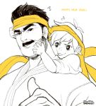  1boy 1girl :p brekkist eyebrows facial_hair father_and_daughter happy_new_year headband makoto_(street_fighter) mustache new_year piggyback sideburns spot_color street_fighter thick_eyebrows thumbs_up tongue tongue_out younger 