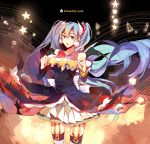 1girl blue_eyes blue_hair dress earrings floating_hair garter_straps halloween hatsune_miku highres jewelry long_hair open_mouth solo star_(symbol) thigh-highs twintails very_long_hair vocaloid yoisy