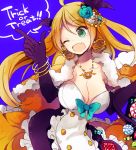  1girl blonde_hair bow breasts candy doodle-doo green_eyes long_hair one_eye_closed open_mouth smile solo trick_or_treat 