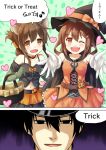  1boy 2girls alternate_costume animal_ears arai_harumaki brown_eyes brown_hair cat_ears halloween hat ikazuchi_(kantai_collection) inazuma_(kantai_collection) kantai_collection multiple_girls trick_or_treat witch witch_hat 