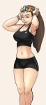  1girl 34no404 bike_shorts blue_eyes breasts brown_hair contemporary forehead_jewel large_breasts long_hair looking_at_viewer midriff navel pointy_ears princess_zelda simple_background solo sports_bra standing the_legend_of_zelda tiara triforce twilight_princess wristband 