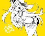  1girl breasts doodle-doo hat jewelry long_hair looking_at_viewer monochrome necklace one_eye_closed open_mouth simple_background smile solo very_long_hair yellow_background 