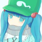  1girl alternate_hair_length alternate_hairstyle aqua_eyes aqua_hair blush bust face hair_bobbles hair_ornament hat kawashiro_nitori long_hair looking_at_viewer lowres scarf scarf_over_mouth simple_background solo touhou twintails white_background 